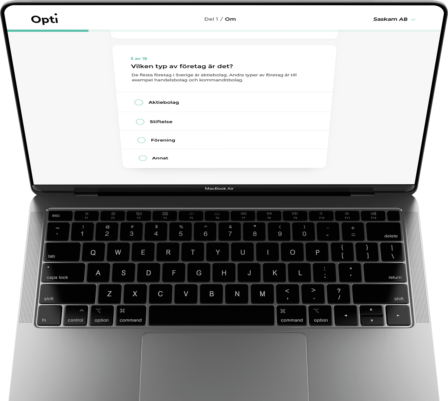 Optis web-app visar ett steg i registreringsflödet för organisationer, där användaren väljer typ av företag.