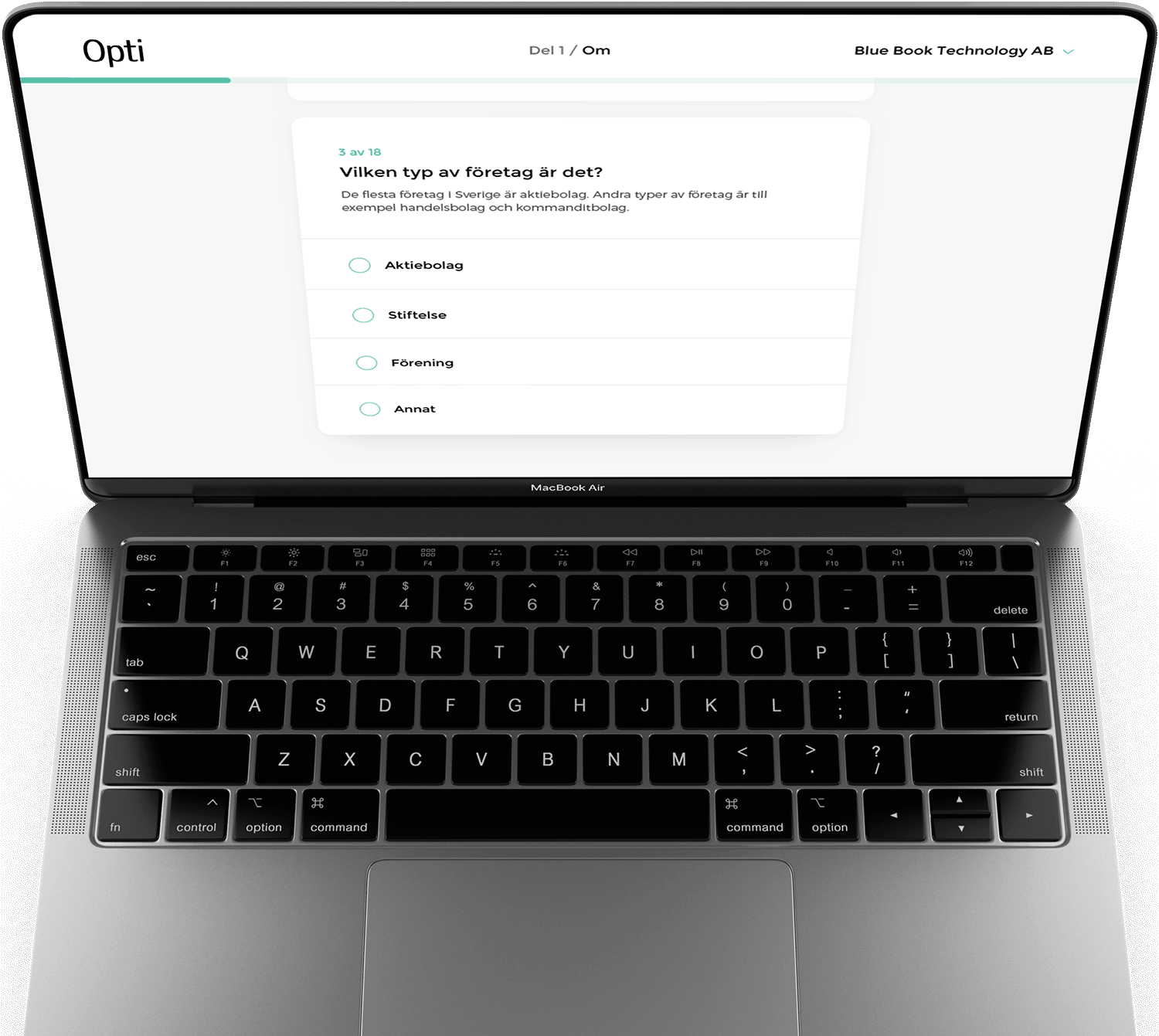 Optis web-app visar ett steg i registreringsflödet för organisationer, där användaren väljer typ av företag.
