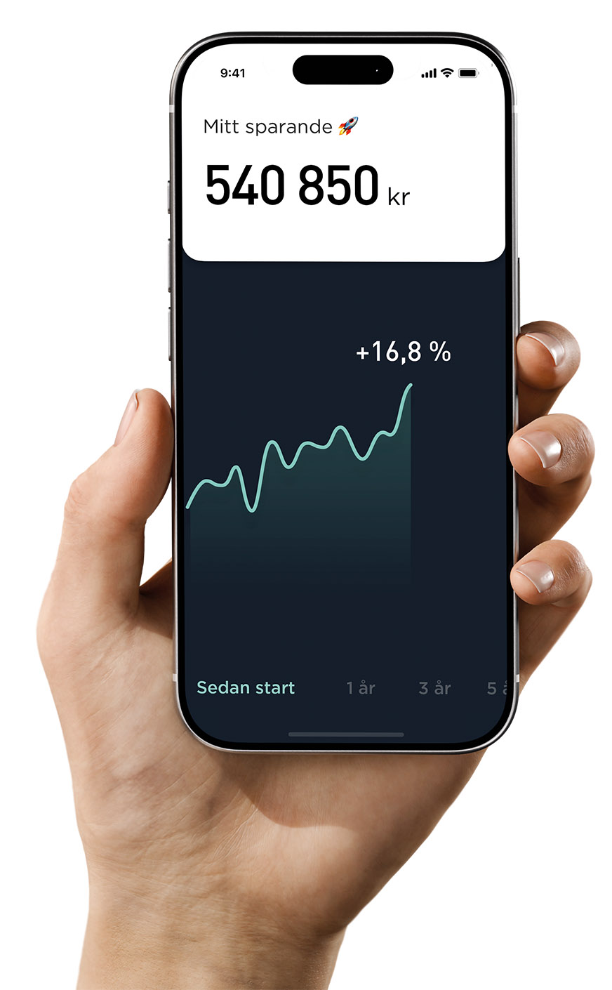 Opti-appen, som visar användarens sparandes värde med uppåtgående grafkurva.