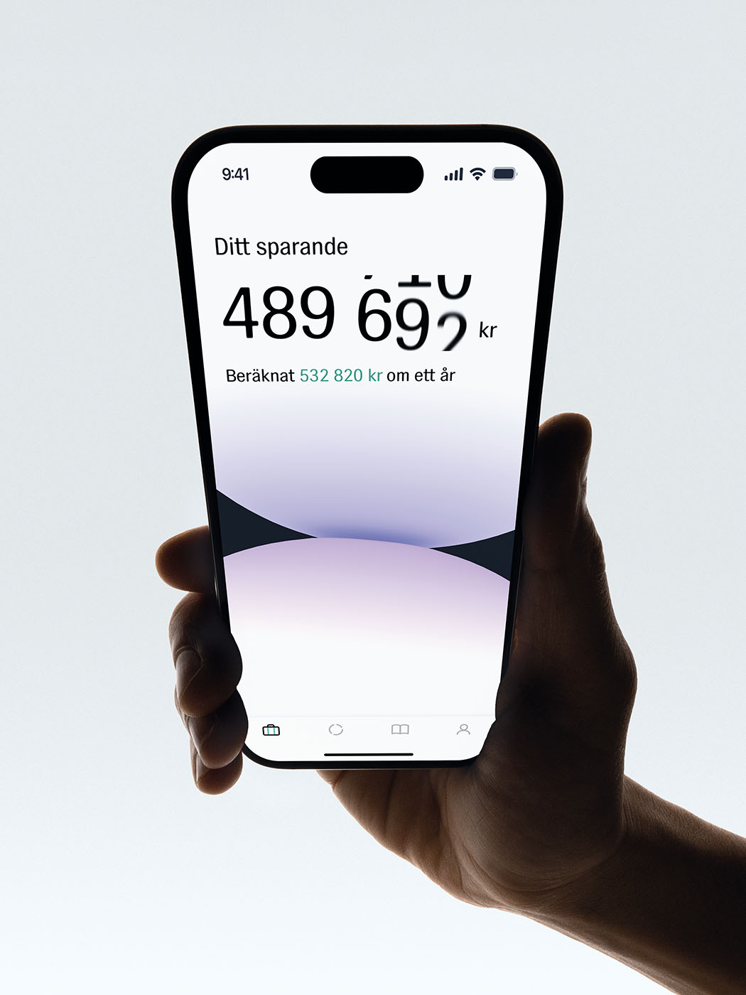 Startskärm i Opti-appen, som visar användarens sparandes värde med uppåttickande siffra.