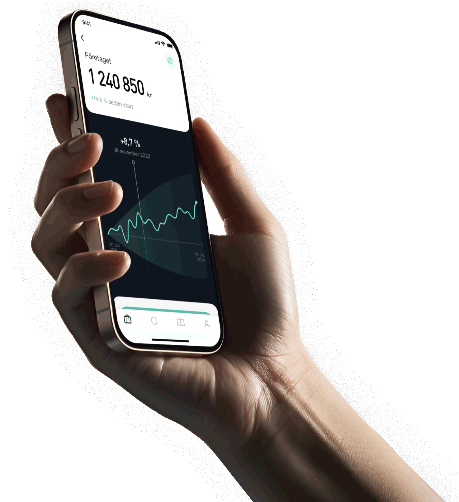 Opti-appen visar med sparande med positiv utveckling. Företagets pengar investeras enkelt via webben eller mobilen.
